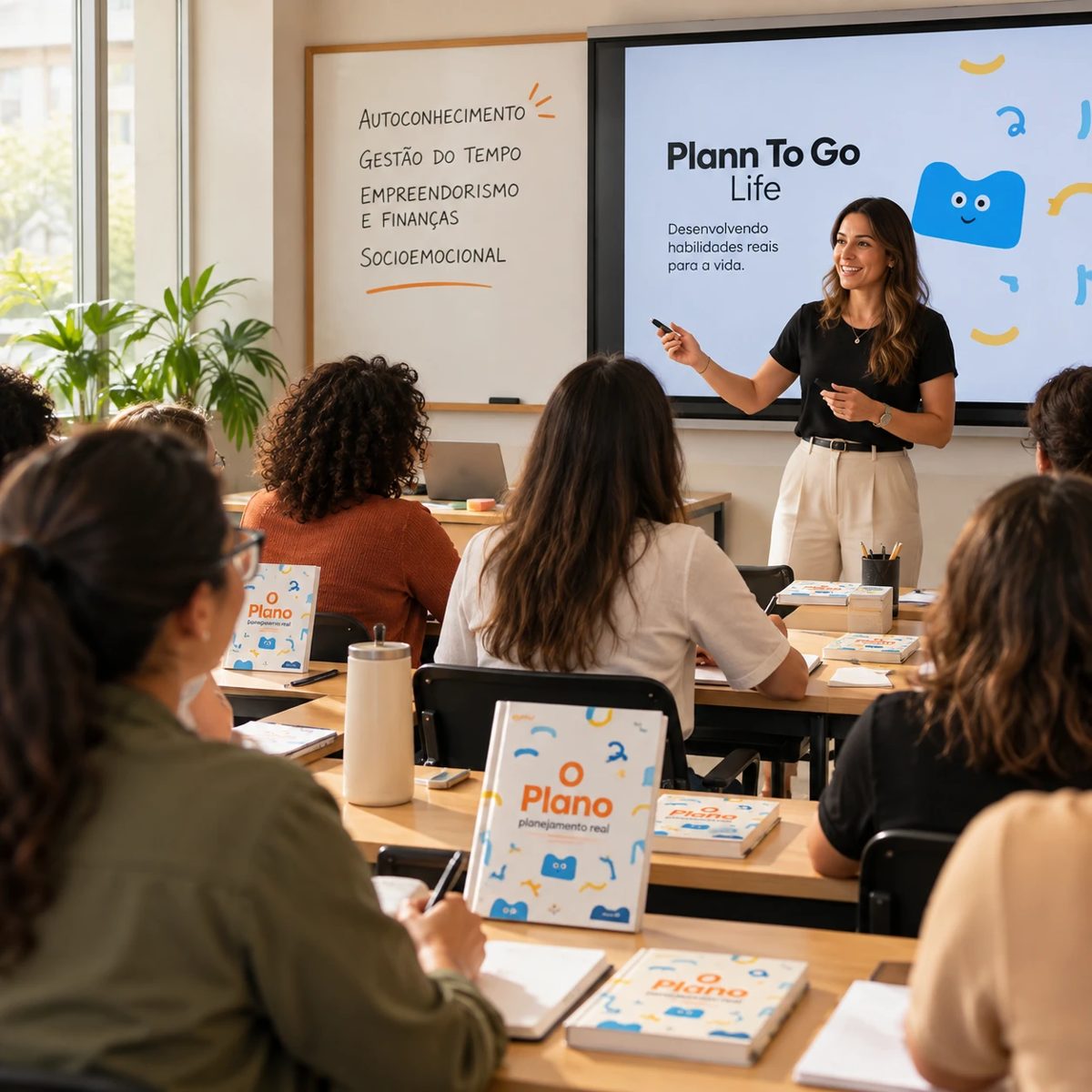 Formação de professores da Plann To Go Life: educadora apresenta o método para uma turma de professores com o livro O Plano nas mesas.