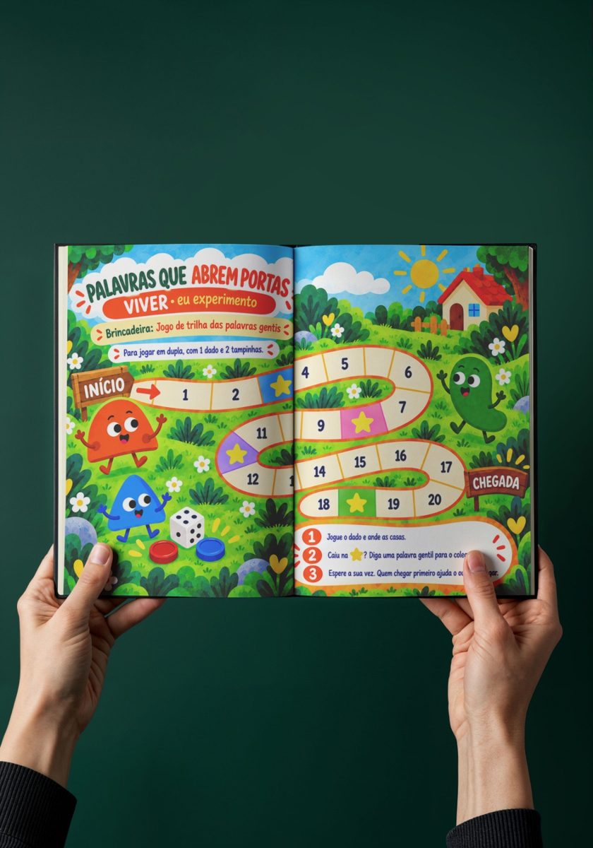 Livro Plann To Go Life aberto na atividade Palavras que abrem portas: jogo de trilha das palavras gentis.