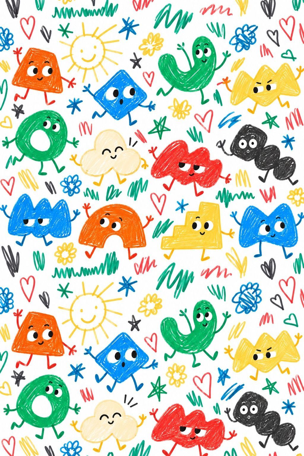 Ilustração com os personagens da Plann To Go Life: formas coloridas com olhos, sol, corações e estrelas.