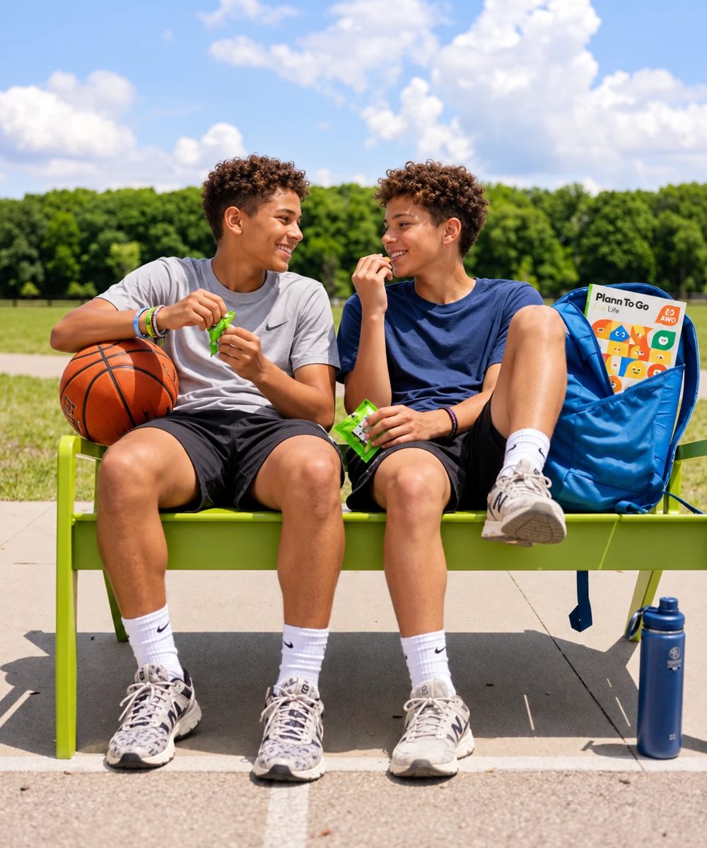 Dois adolescentes conversando num banco ao ar livre, com uma bola de basquete e um livro da Plann To Go Life na mochila.
