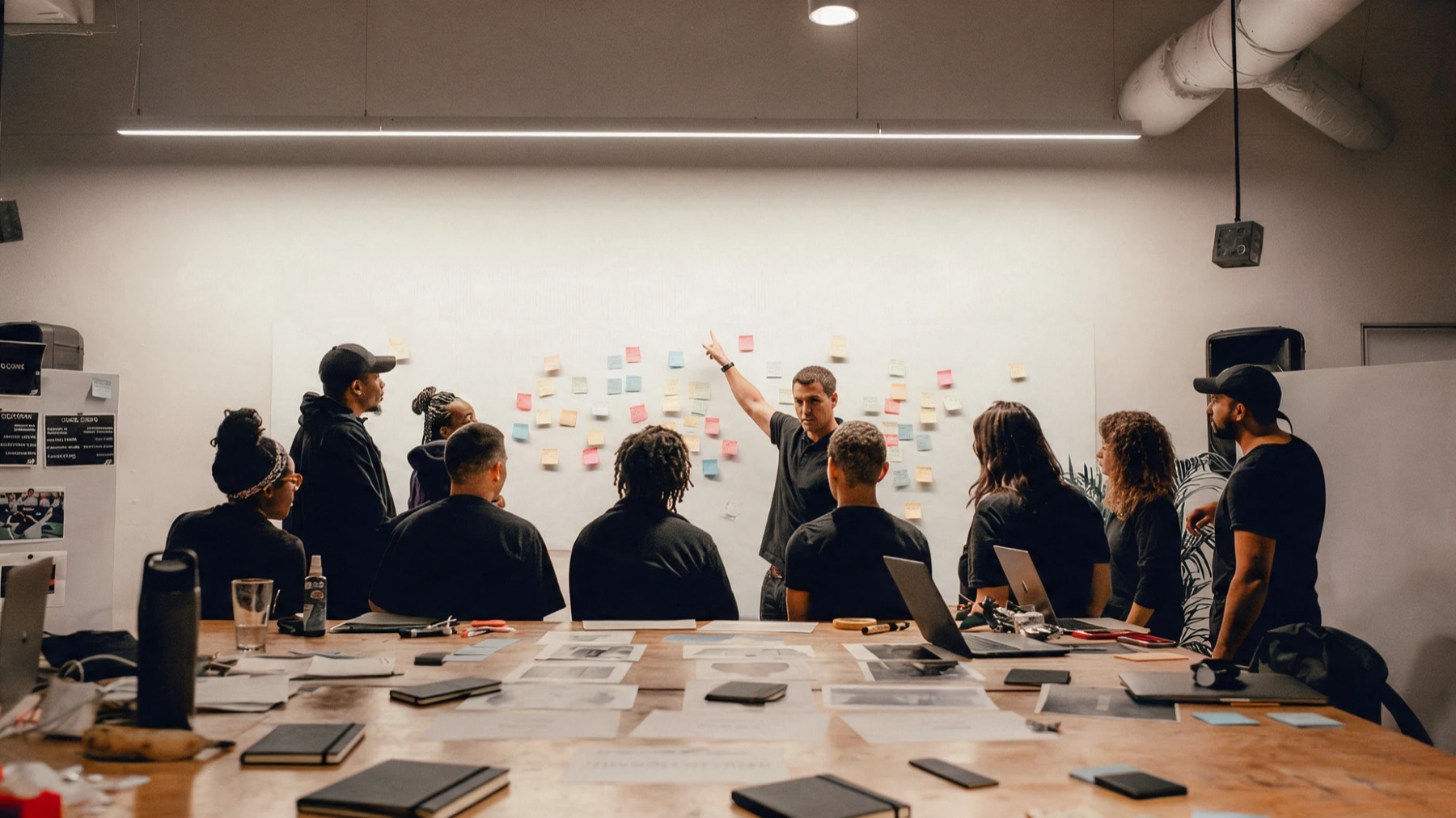 Equipe reunida em volta de uma mesa com planners e papéis, enquanto um facilitador aponta para uma parede de post-its