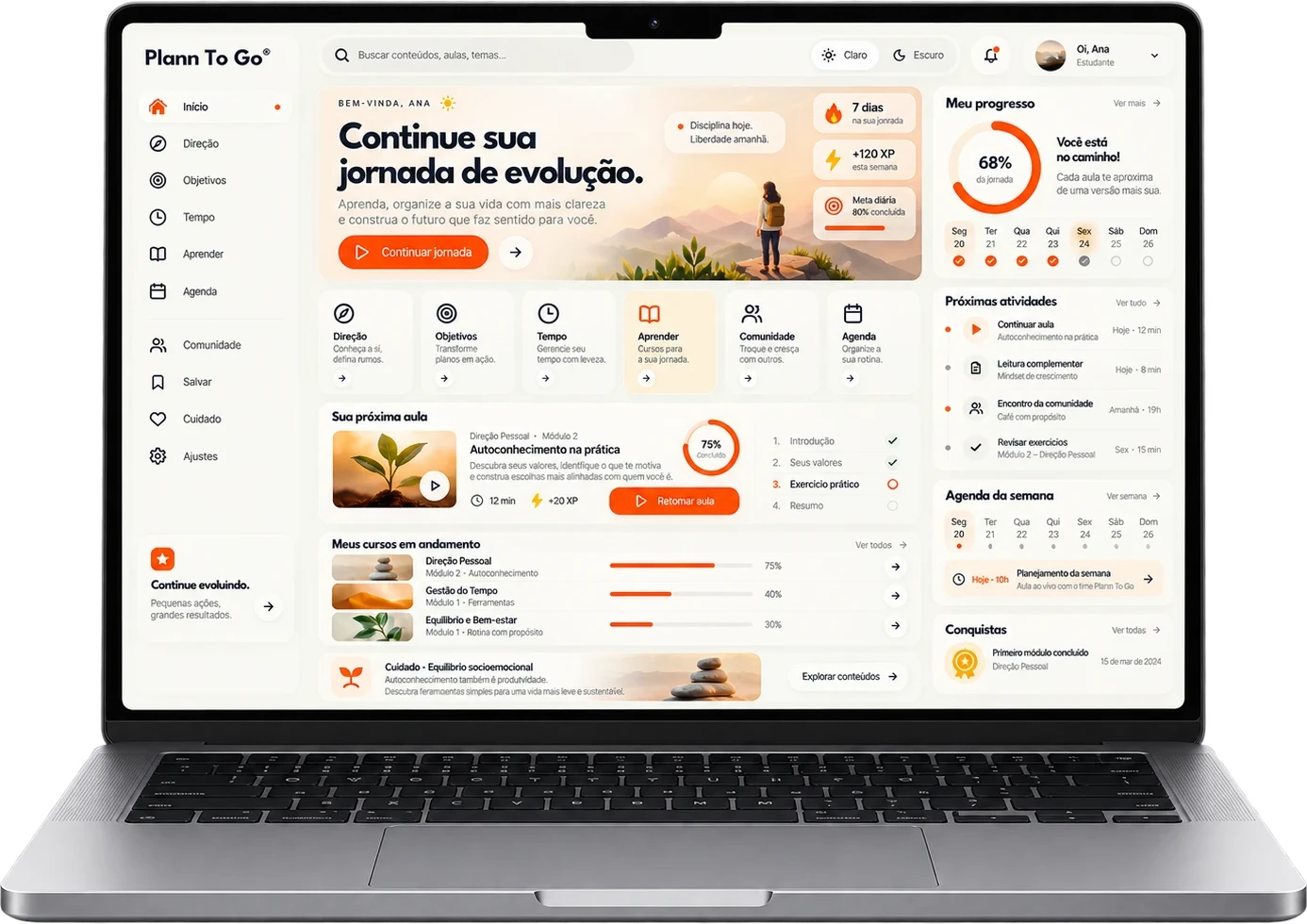 Plataforma Plann To Go Tech aberta num notebook: progresso da jornada, próxima aula, cursos em andamento e agenda da semana